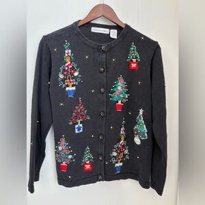Victoria Jones Woman Festive/ Xmas Trees Black Cardigan Size: M Preloved